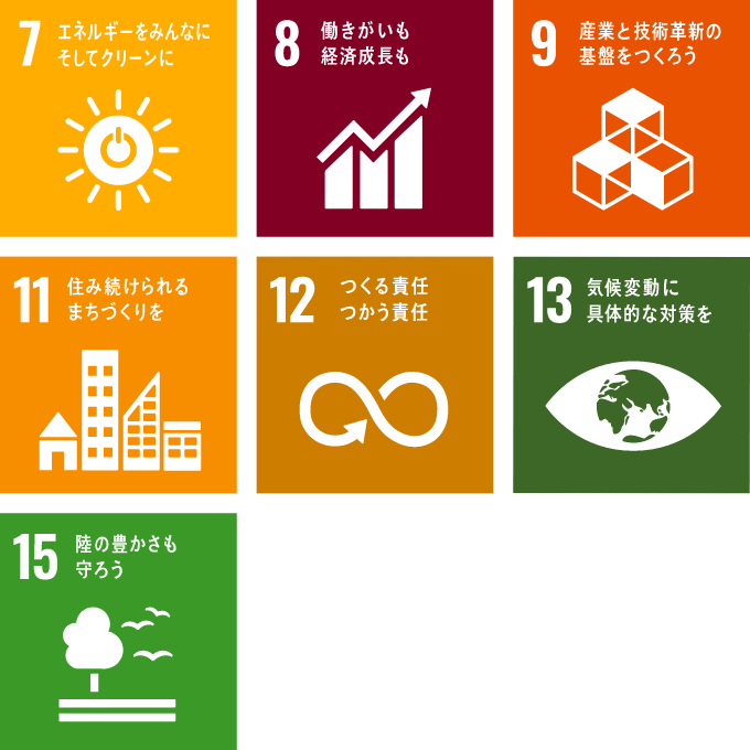 エネルギーをみんなに。そしてクリーンに 働きがいも経済成長も 産業と技術革新の基盤を作ろう 住み続けられるまちづくりを つくる責任、つかう責任 気候変動に具体的な対策を 陸の豊かさも守ろう